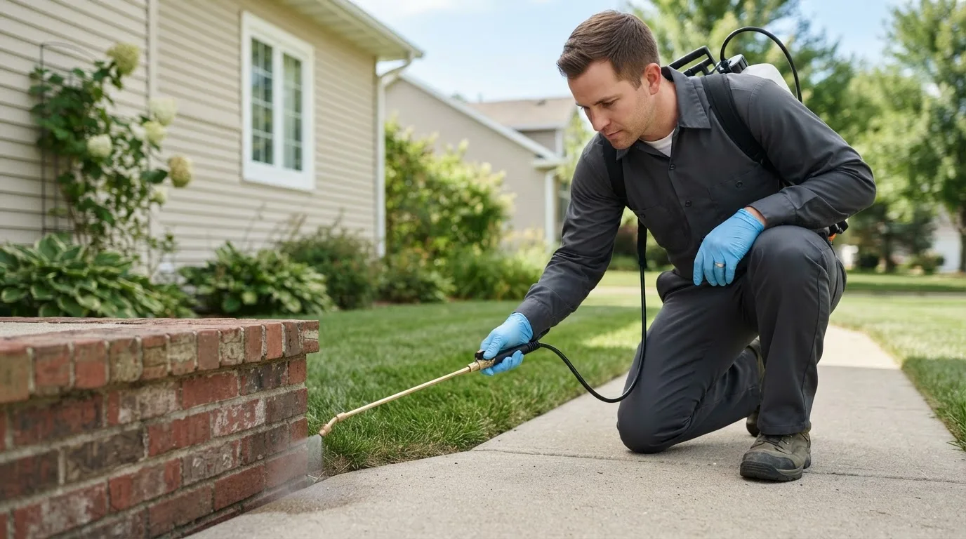 Pest control technician treating a home near Waring, TX